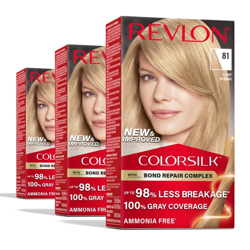 Revlon ColorSilk with Bond Repair Complex Blonde Permanent Hair Color 100 Gray Coverage Ammonia Free Hair Dye Vegan Keratin 81 Light Blonde Pack of 3